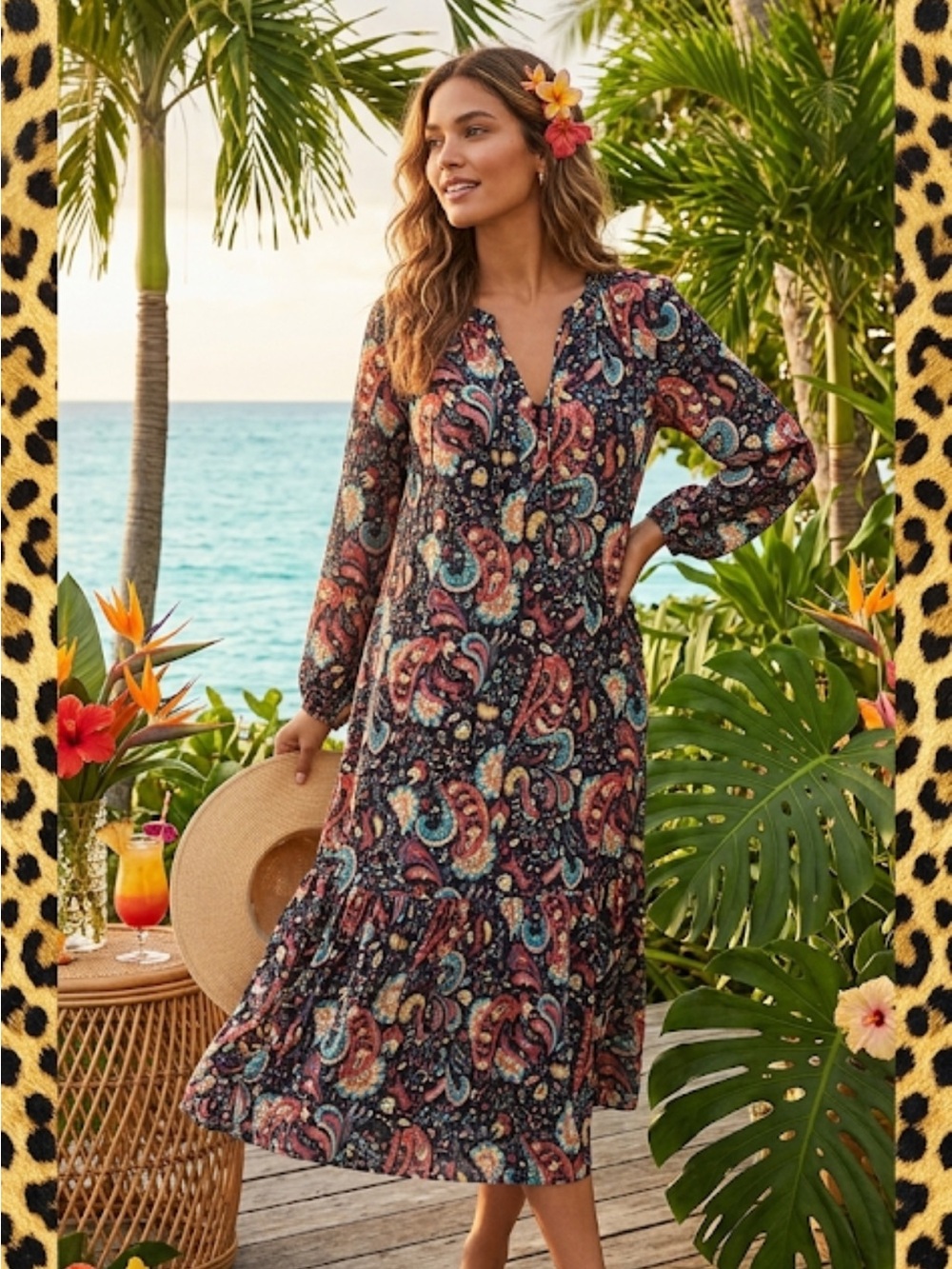 Loft Boho Paisley Midi Dress - Black with Multicolor Print silver tread ptp 19